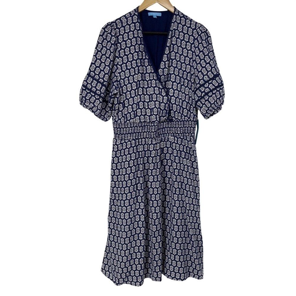 Draper James RSVP Navy White Leaf Print Smocked Waist‎ Midi Dress XL NEW